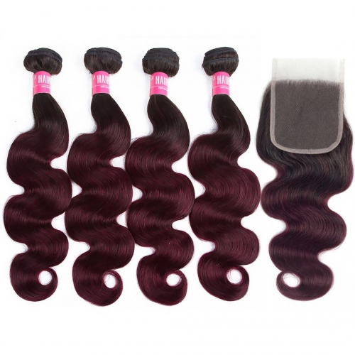 4 Bundles Ombre Hair Weave With 4x4 Closure Body Wave T1B/99J HAIRCC Remy Hair Red Wine