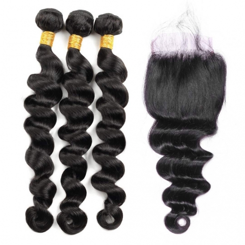Loose Wave Human Hair Weave 3 Bundles With Closure 4x4 Free Part Middle Part Three Part