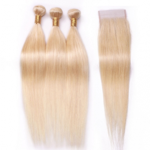 Blonde Human Hair Weave 3 Bundles With Closure Straight HAIRCC Remy Hair