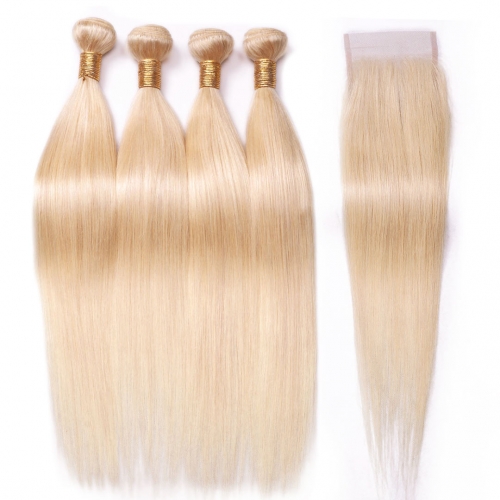 4 Bundles Blonde Hair Weave With 4x4 Closure Straight HAIRCC Remy Human Hair