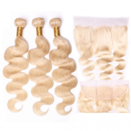 Blonde Hair Weave 3 Bundles With 13x4 Frontal Body Wave HAIRCC Remy Human Hair