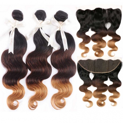 Ombre Human Hair Weave 3 Bundles With 13x4 Frontal Body Wave Black Brown Blonde HAIRCC Remy Hair