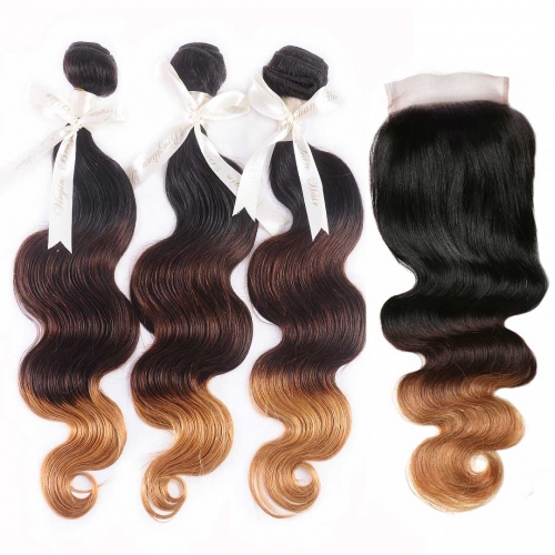 Ombre Human Hair Weave 3 Bundles With 4x4 Closure Body Wave Black Brown Blonde HAIRCC Remy Hair