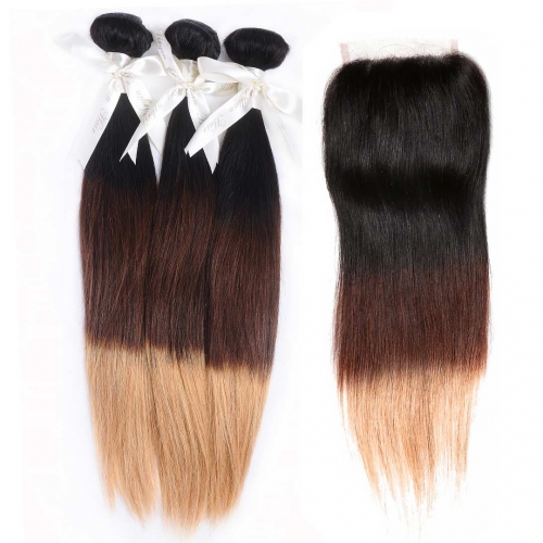 Ombre Straight Hair Weave 3 Bundles With 4x4 Closure Black Brown Blonde HAIRCC Remy Hair