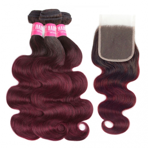 Ombre Body Wave Hair Weave 3 Bundles With 4x4 Closure T1B/99J Good HAIRCC Remy Hair Red Wine
