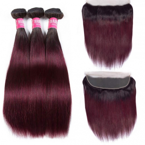 Ombre Straight Hair Weave 3 Bundles With 13x4 Frontal T1B/99J HAIRCC Red Wine Remy Hair