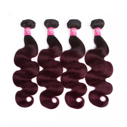 Cheap Ombre Hair Weave Body Wave 4 Bundles T1b/99j Soft HAIRCC Remy Hair Natural Black Red Wine