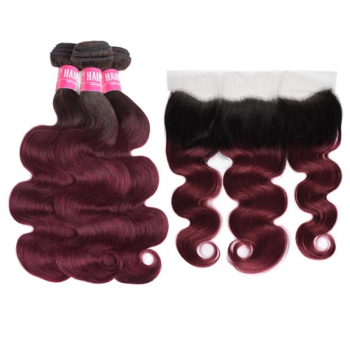 Ombre Human Hair Weave 3 Bundles With 13x4 Frontal Body Wave T1B/99J HAIRCC Red Wine Remy Hair