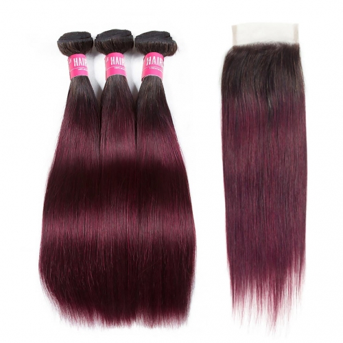 Ombre Straight Hair Weave 3 Bundles With 4x4 Closure T1B/99J HAIRCC Red Wine Remy Hair