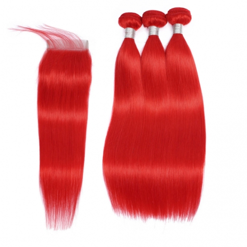 Red Hair Weave 3 Bundles With 4x4 Closure Straight Good Quality HAIRCC Remy Hair