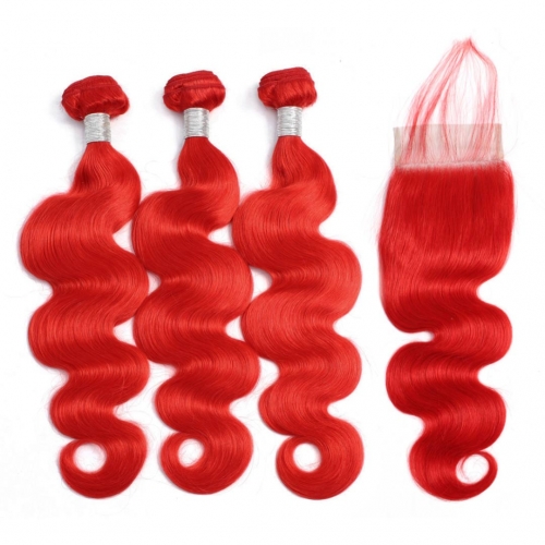 Red Hair Weave 3 Bundles With 4x4 Closure Body Wave Good Quality HAIRCC Remy Hair