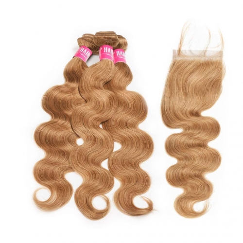 Body Wave Honey Blonde Hair Weave 3 Bundles With Closure 4x4 Good HAIRCC Remy Hair