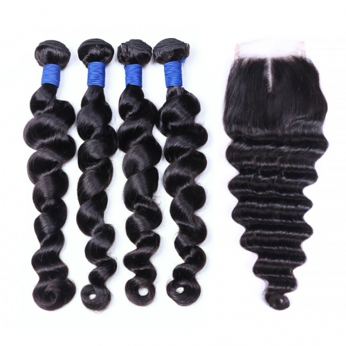 4 Bundles Virgin Hair Weave With 4x4 Closure Loose Wave Soft Bouncy HAIRCC Hair