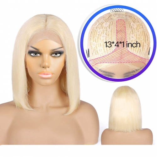 Blonde Bob Wig 8in-14in Straight Human Hair T Part Lace Front Wig HAIRCC Wigs
