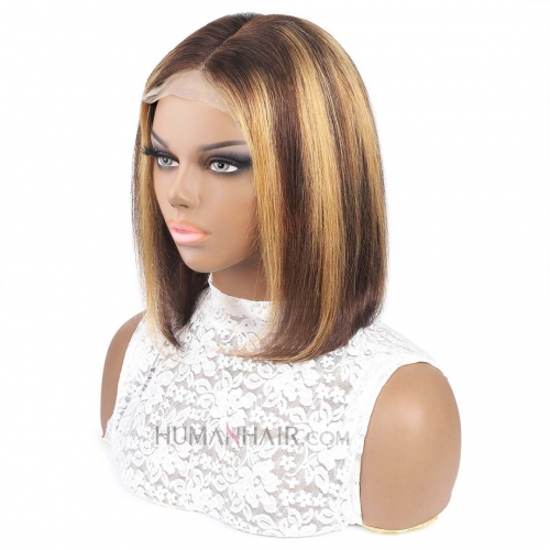 Short Bob Wig Highlight Balayage Human Hair Lace Front Wig HAIRCC Ombre Wigs