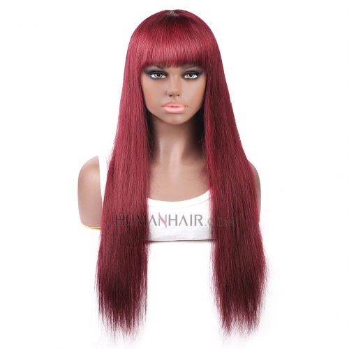 Straight Human Hair Wig With Bangs 8in-32in 99J Machine Made Non Lace Wig HAIRCC Wigs