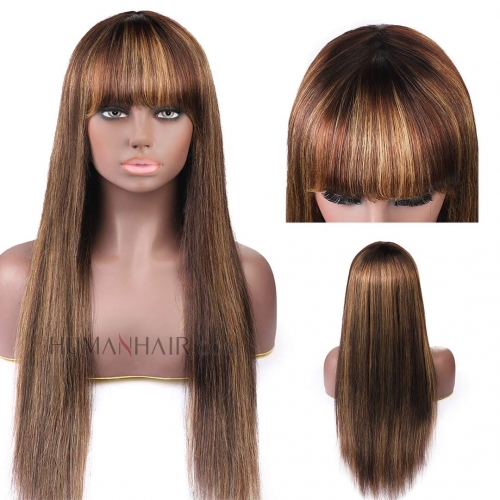 Balayage Color Human Hair Wig With Bangs 8in-32in Machine Made Non Lace Wig HAIRCC Wigs