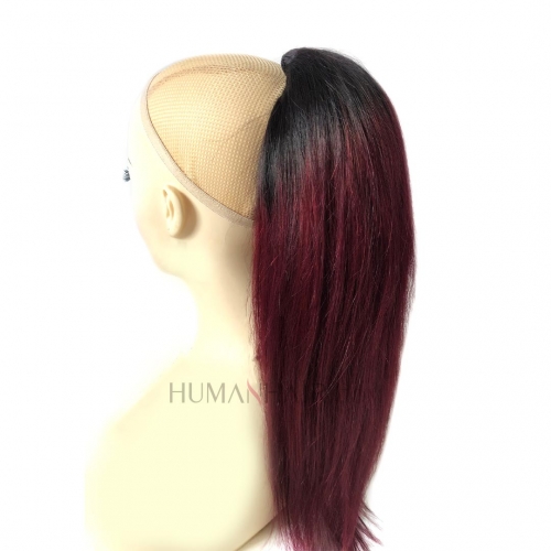 Ombre Human Hair Ponytail Drawstring Dark Red Wine Clip In Pony Tail Hairpiece Evova Hair