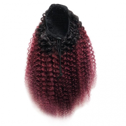 Afro Curly Puff Ponytail Drawstring Dark Red Wine Human Hair Clip In Pony Tail Extension Evova Hair