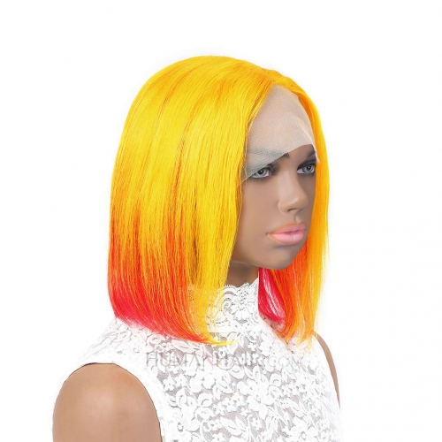 Short Bob Wig Highlight Color Yellow Orange Red T Part Lace Front Human Hair Wig HAIRCC Wigs