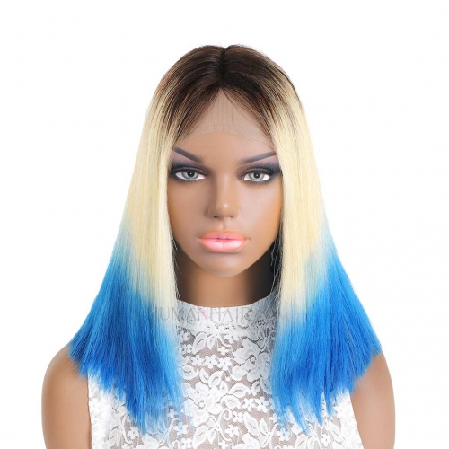 Highlight Bob Wig Ombre Blonde Blue T Part Lace Front Human Hair Wig HAIRCC Wigs