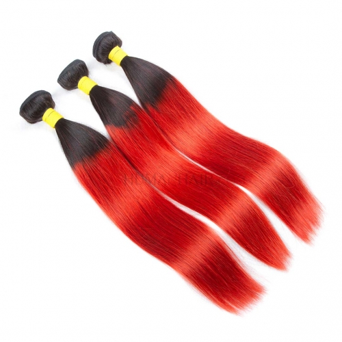 Red Hair Weave 3 Bundles Silky Straight Ombre Brazilian Human Hair Weft T1B/Red Cheap Evova Hair