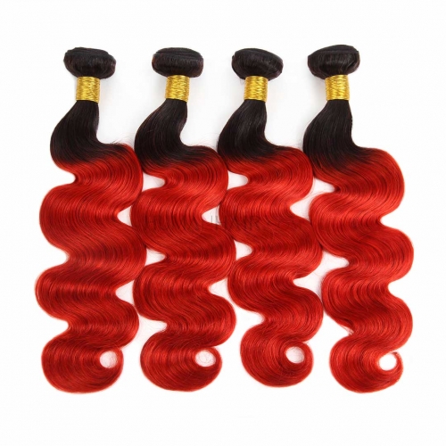 4 Bundles Red Hair Weave Body Wave Ombre Brazilian Human Hair Weft T1B/Red Soft Evova Hair