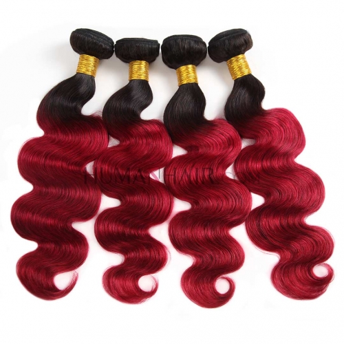 Red Hair Weave 4 Bundles Body Wave Ombre Brazilian Human Hair Weft T1B/BUG Thick Evova Hair