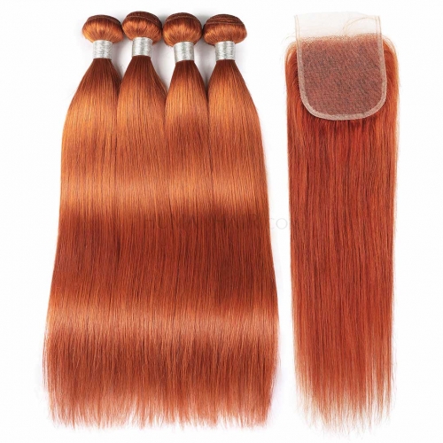 Ginger Orange Straight Human Hair Weave 4 Bundles With Lace Closure Soft Evova Hair