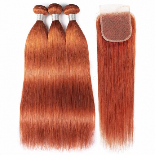 Ginger Orange Hair 3 Bundles With Closure Highlight Straight Human Hair Weave Evova Hair