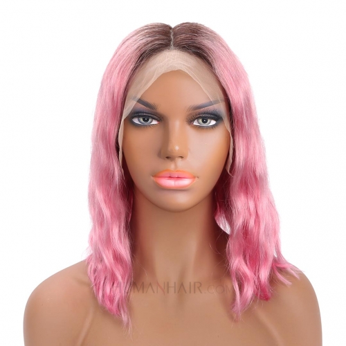 Short Pink Ombre Wig Lace Front Remy Human Hair Wig Body Wave HAIRCC Thick Bob Wig
