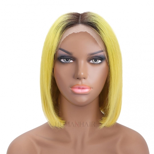 Lace Front Wigs Straight Short Bob Wigs Yellow Human Hair Ombre Color Wig HAIRCC Remy Hair