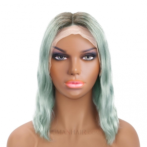 HAIRCC Remy Human Hair Light Blue Lace Front Wig Ombre Color Body Wave Short Bob Wig