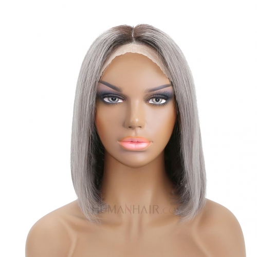 Women's Lace Front Wigs Straight Remy Human Hair Grey Bob Wigs HAIRCC Ombre Wigs