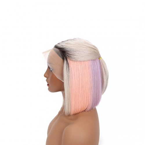 Highlight Rainbow Wigs Straight Remy Human Hair Lace Front Bob Wigs Mix Color Blonde Blue Yellow Ombre Wig