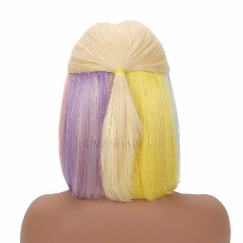 Mix Color Blonde Blue Pink Rainbow Bob Wigs Straight Remy Human Hair Lace Front Wigs